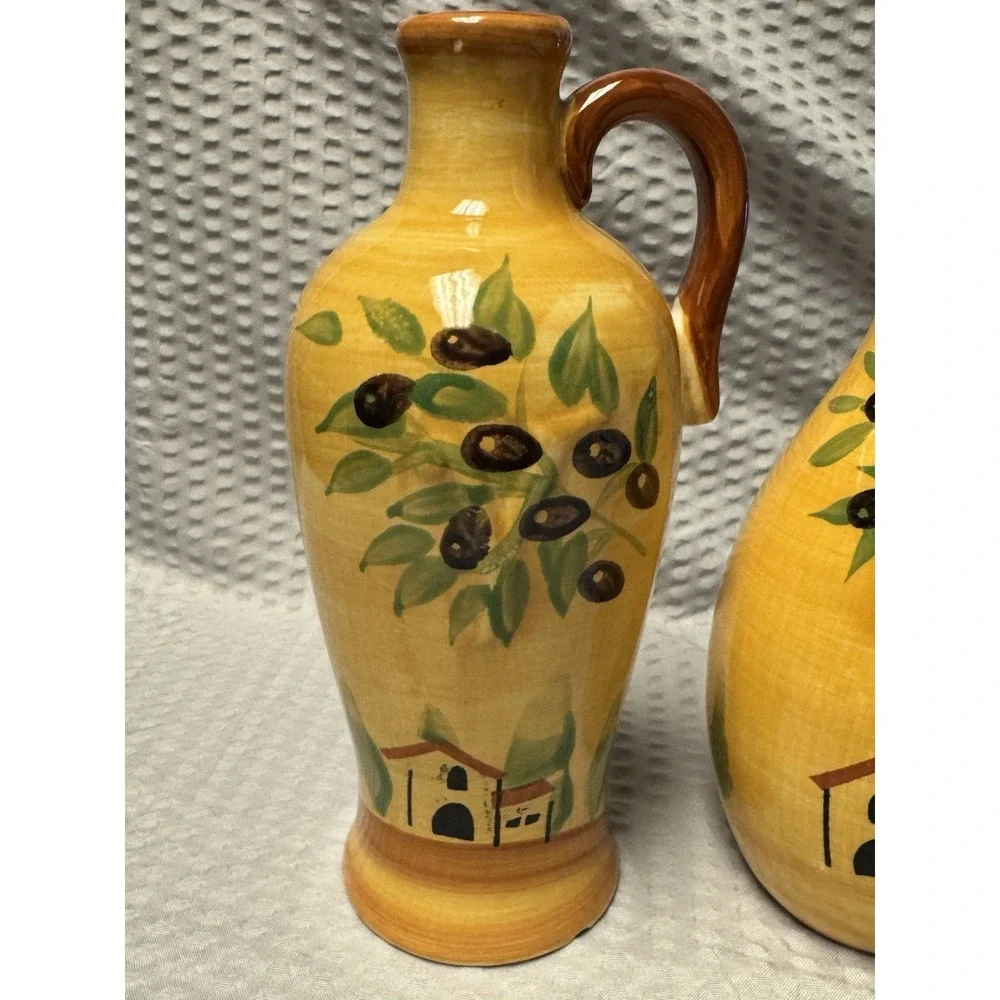 Vintage Pfaltzgraff Olive Grove Oil & Vinegar Jars w/drizzle‎ Spout RARE